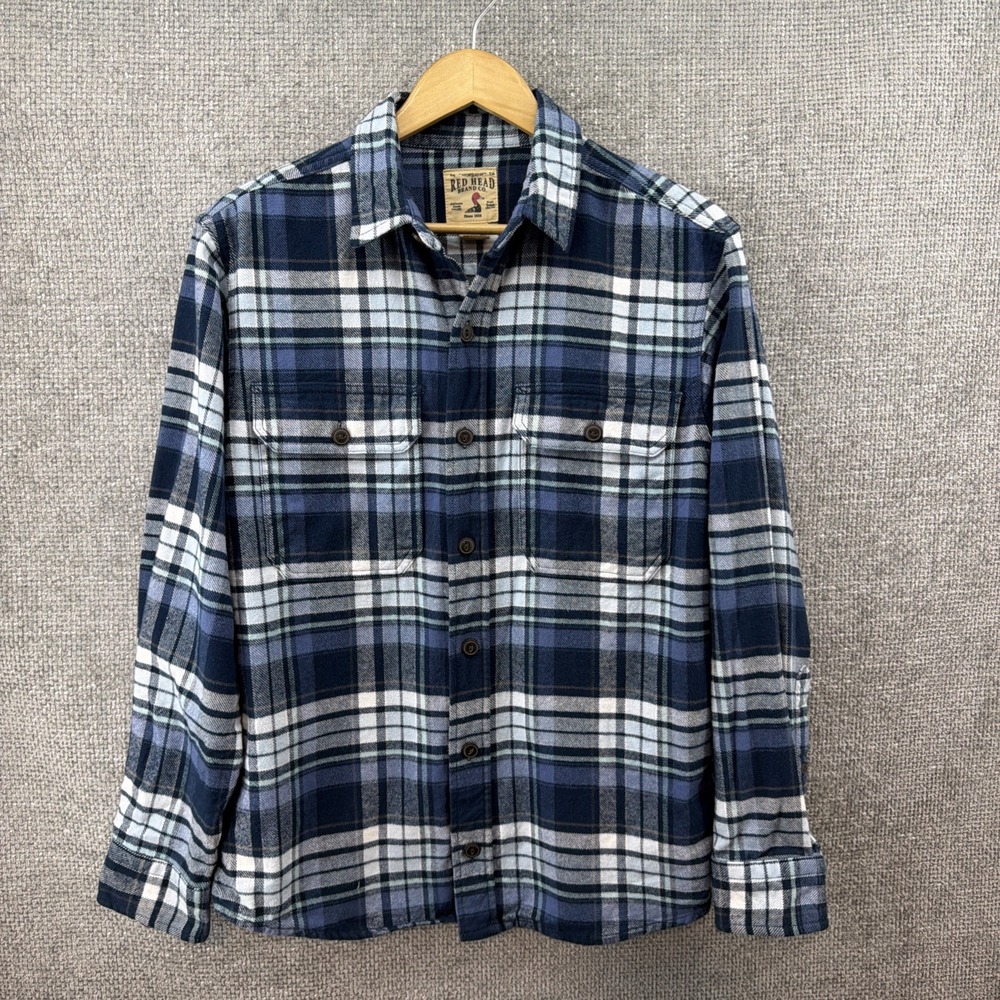 Red Head‎ Flannel Shirt Mens Medium Blue Excellent Plaid Cotton Button Down